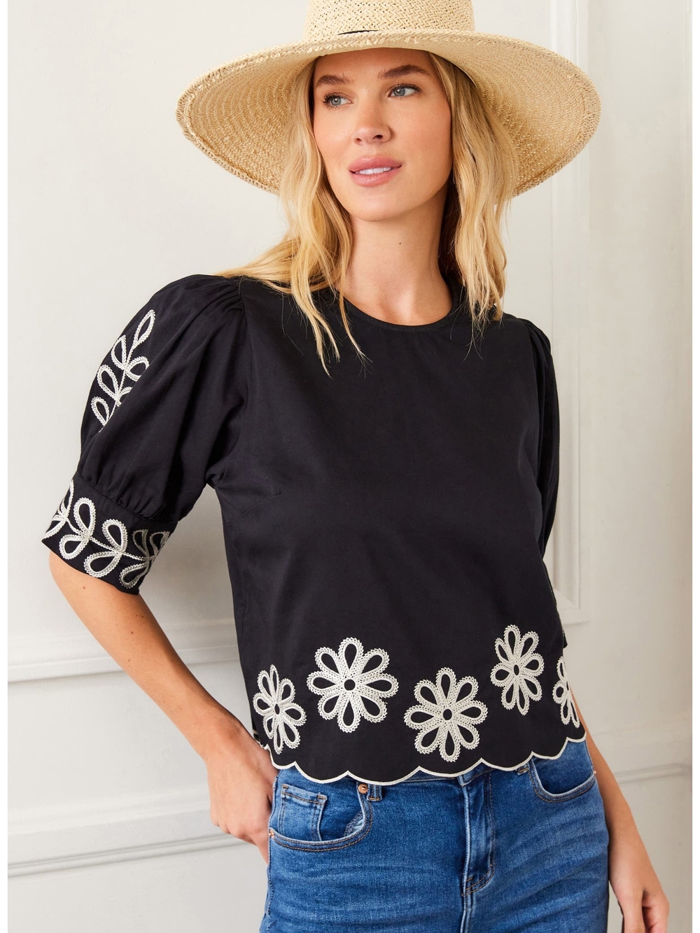 Karen Kane Black Top with White Floral Embroidery